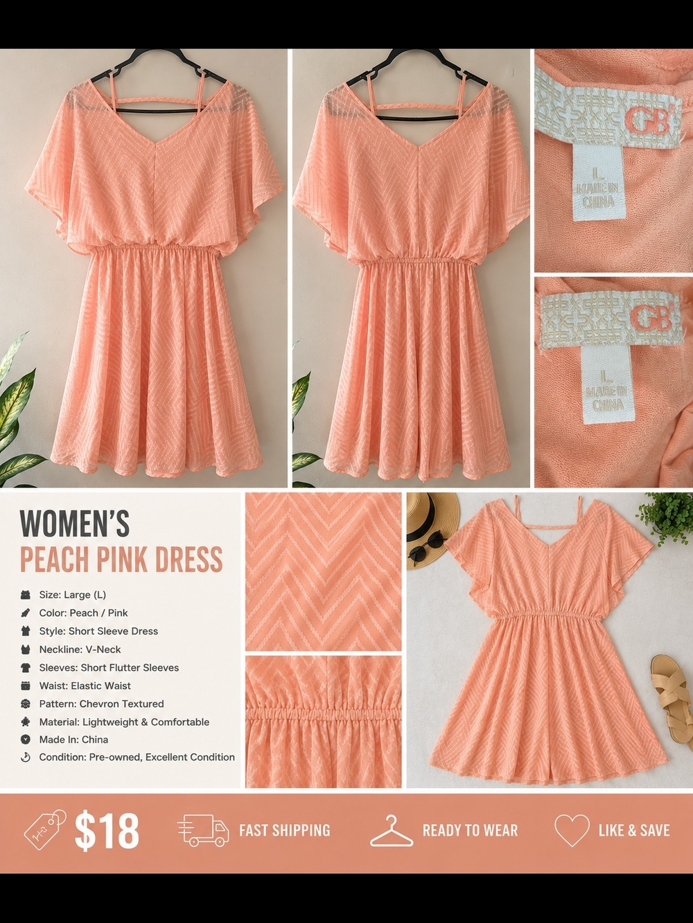 Gianni Bini Peach-Pink V-Neck Flutter Sleeve Dress